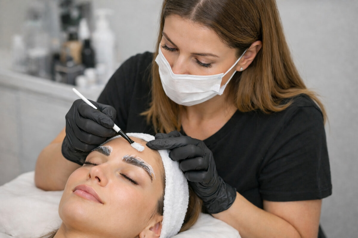 Mulher realizando procedimento de brow lamination em cliente, demonstrando a técnica de laminação de sobrancelhas do curso brow lamination da hotmart