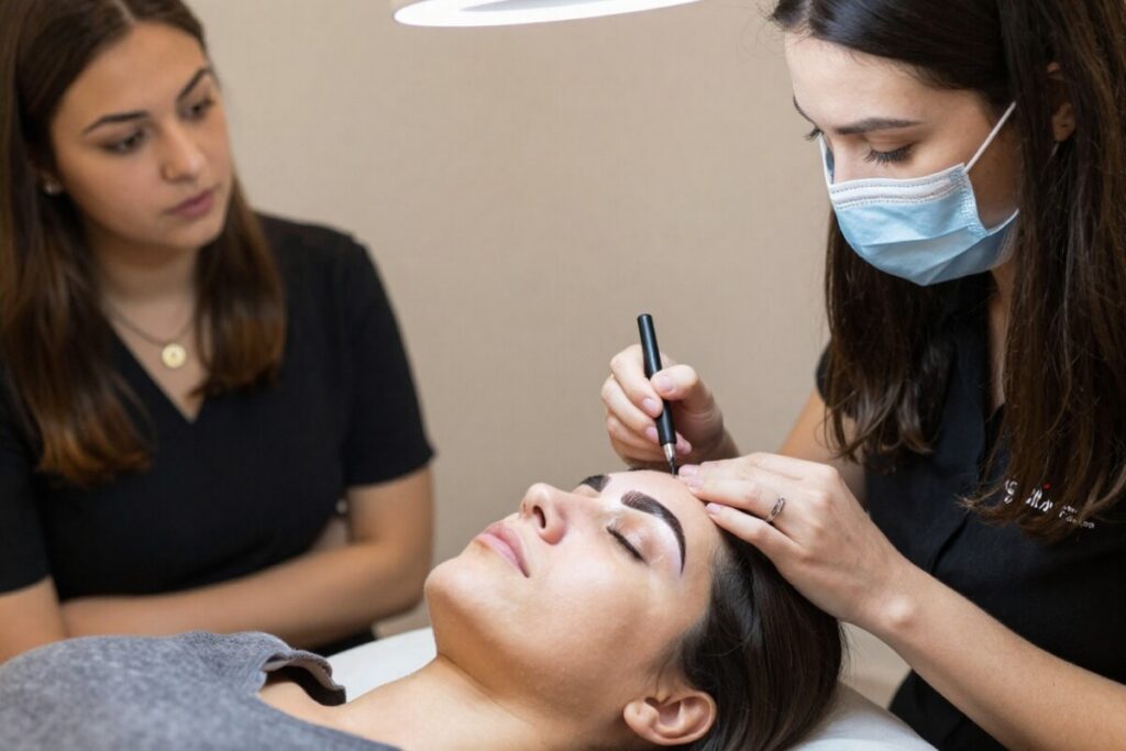 Curso de Brow Lamination da Jéssica Soares: Análise Completa e Honesta 1 Mulher aplicando técnica do curso brow lamination presencial em cliente, mostrando o procedimento passo a passo com produtos profissionais