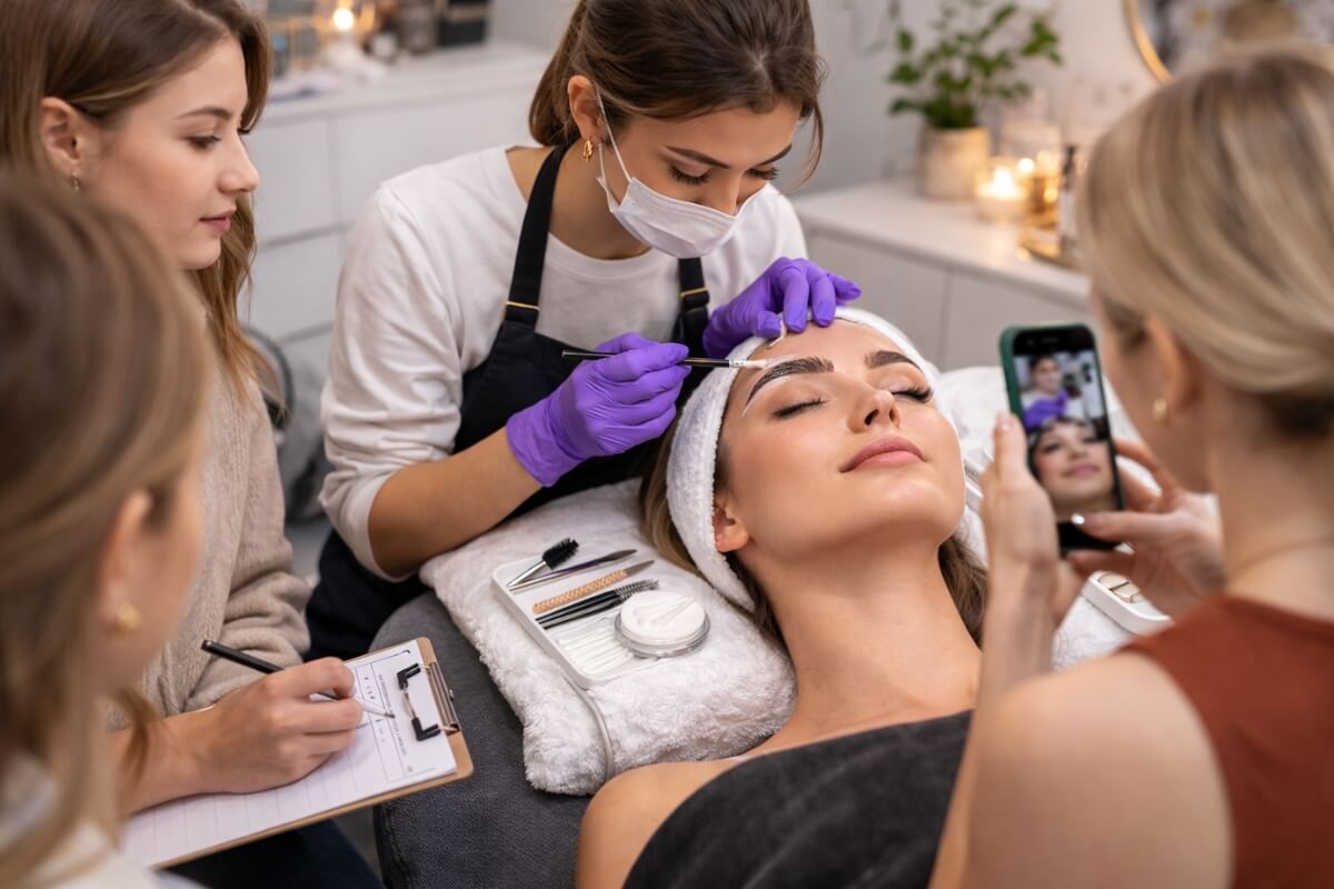 Mulher aplicando técnica do curso brow lamination presencial em cliente, mostrando o procedimento passo a passo com produtos profissionais