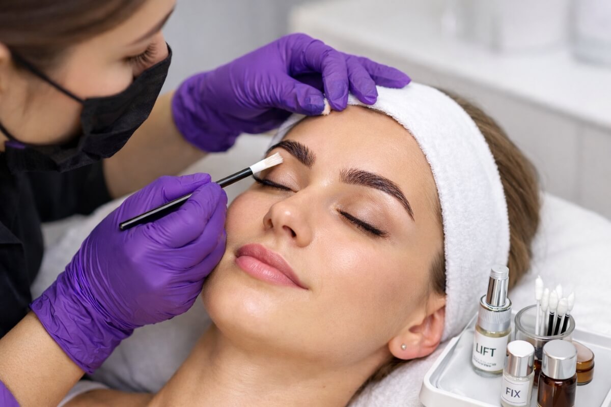 Profissional aplicando técnica de brow lamination em cliente, demonstrando procedimento de laminação de sobrancelhas