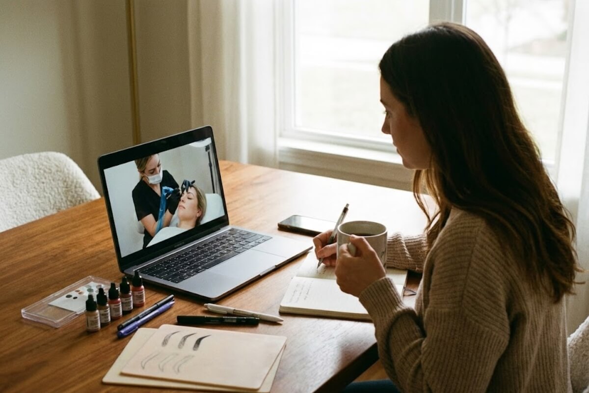 tela de notebook com videoaula de curso de micropigmentacao de sobrancelhas sendo assistida por mulher em casa