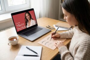 Mulher estudando tecnica de micropigmentacao de sobrancelhas em curso online