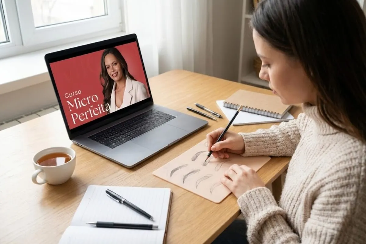 Início 17 Mulher estudando tecnica de micropigmentacao de sobrancelhas em curso online